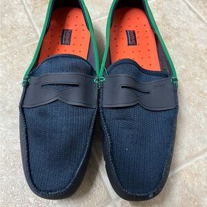 Swims Navy Knit Slip-On Mens Loafers with Green Trim and Orange Insole